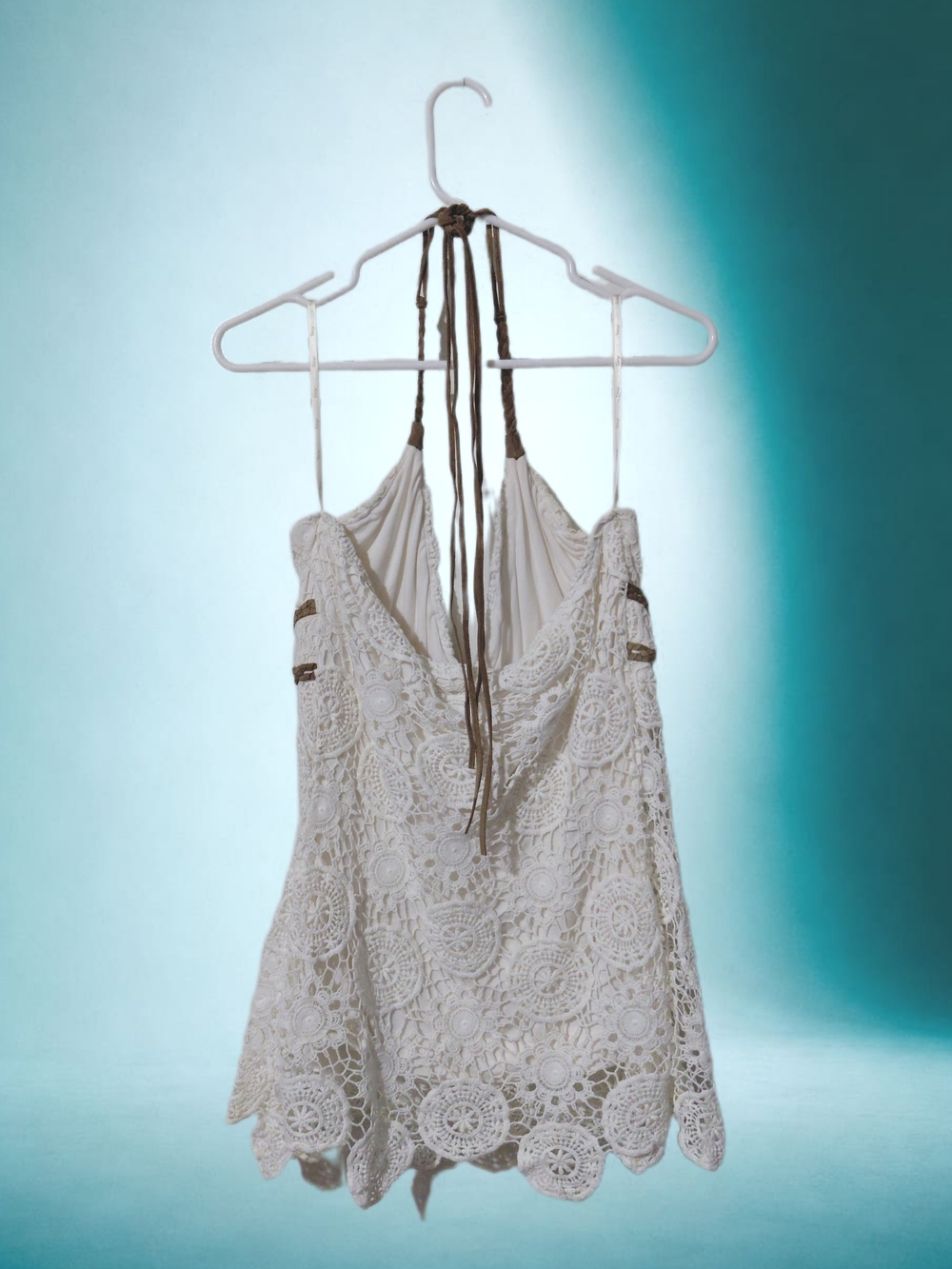 Sky Ivory Crochet Lace Halter Top Lined Large Suede Like Contrasting Woven Ties - Picture 7 of 12
